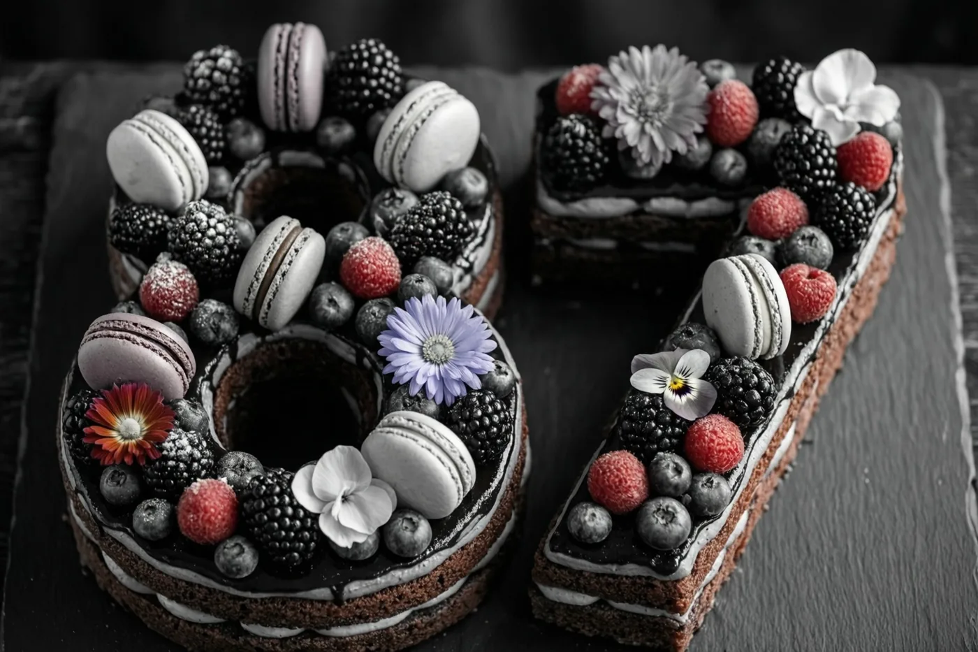 Een chocoladetaart in de vorm van 87 ligt op donker leisteen en is versierd met bessen, macarons en eetbare bloemen, met rode bessen en bloemen als kleuraccenten in een grotendeels monochroom beeld.
