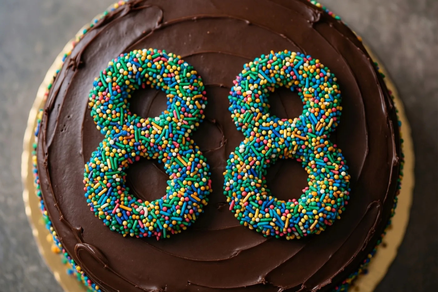 Een ronde chocoladetaart met 88 in gekleurde suikerstrooisels staat op een goudkleurige kartonnen bodem tegen een donkergrijze achtergrond, van bovenaf gezien.