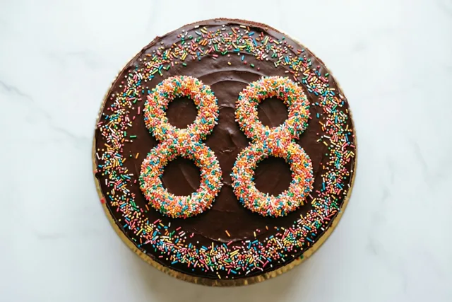 Een ronde chocoladetaart met het getal 88 in kleurrijke suikerstrooisels staat op wit marmer, recht van boven gefotografeerd.