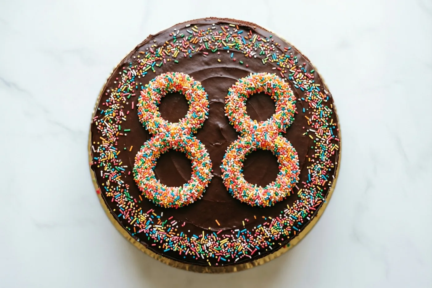 Een ronde chocoladetaart met het getal 88 in kleurrijke suikerstrooisels staat op wit marmer, recht van boven gefotografeerd.