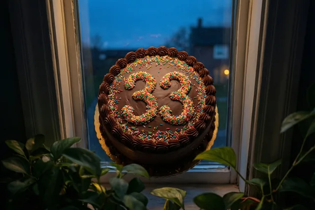 Een ronde chocoladetaart met het getal 33 van gekleurde suikerstrooisels staat op een vensterbank tussen groene planten, met een blauwe avondlucht achter het raam.