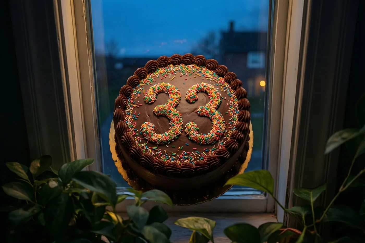 Een ronde chocoladetaart met het getal 33 van gekleurde suikerstrooisels staat op een vensterbank tussen groene planten, met een blauwe avondlucht achter het raam.