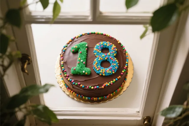 Een ronde chocoladetaart met 18 in gekleurde suikerstrooisels staat op een gouden taartbodem op een witte vensterbank, met groene bladeren errond.