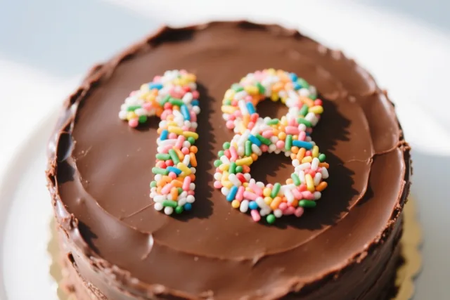 Een ronde chocoladetaart met glad glazuur en het getal 18 van gekleurde suikerstrooisels is van bovenaf gefotografeerd tegen een witte achtergrond.