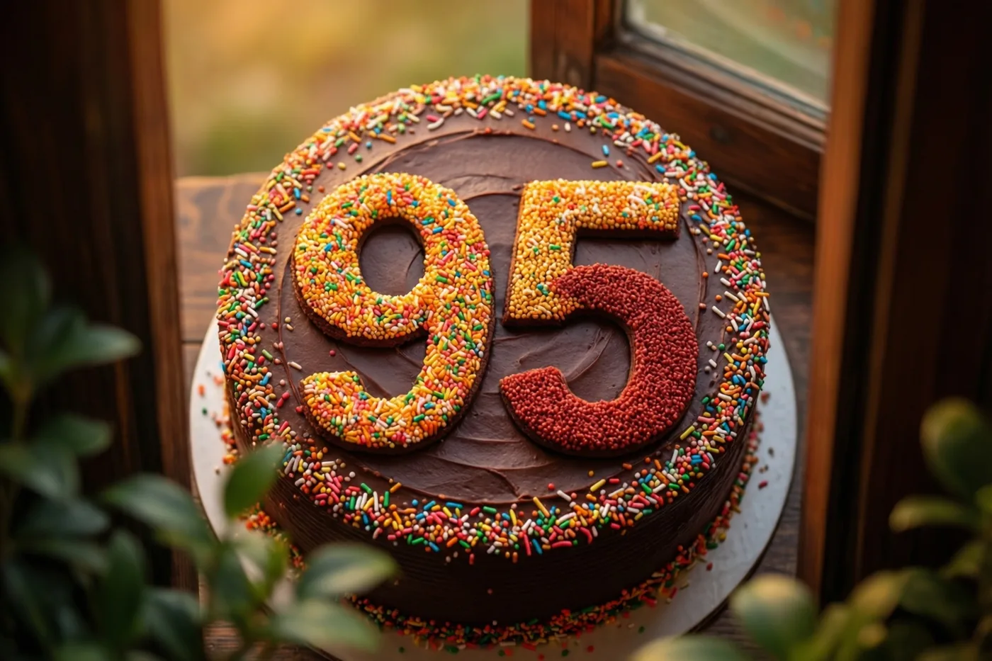 Een ronde chocoladetaart met 95 van kleurrijke suikerstrooisels staat op een houten oppervlak bij een raam in warm daglicht.