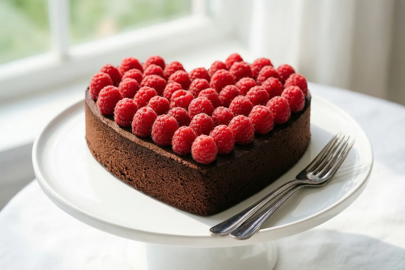 Een hartvormige chocoladetaart met verse frambozen staat op een witte taartstandaard bij een helder raam, met twee vorken ernaast.