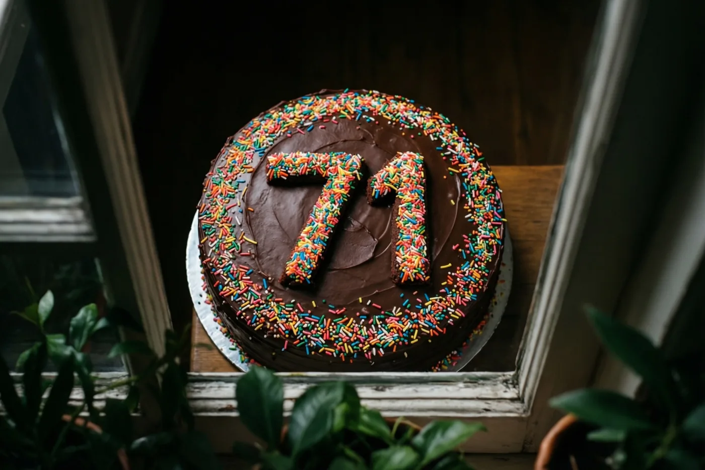 Een ronde chocoladetaart met het getal 71 van kleurrijke suikerstrooisels staat op hout bij een raam, met groene planten op de voorgrond.