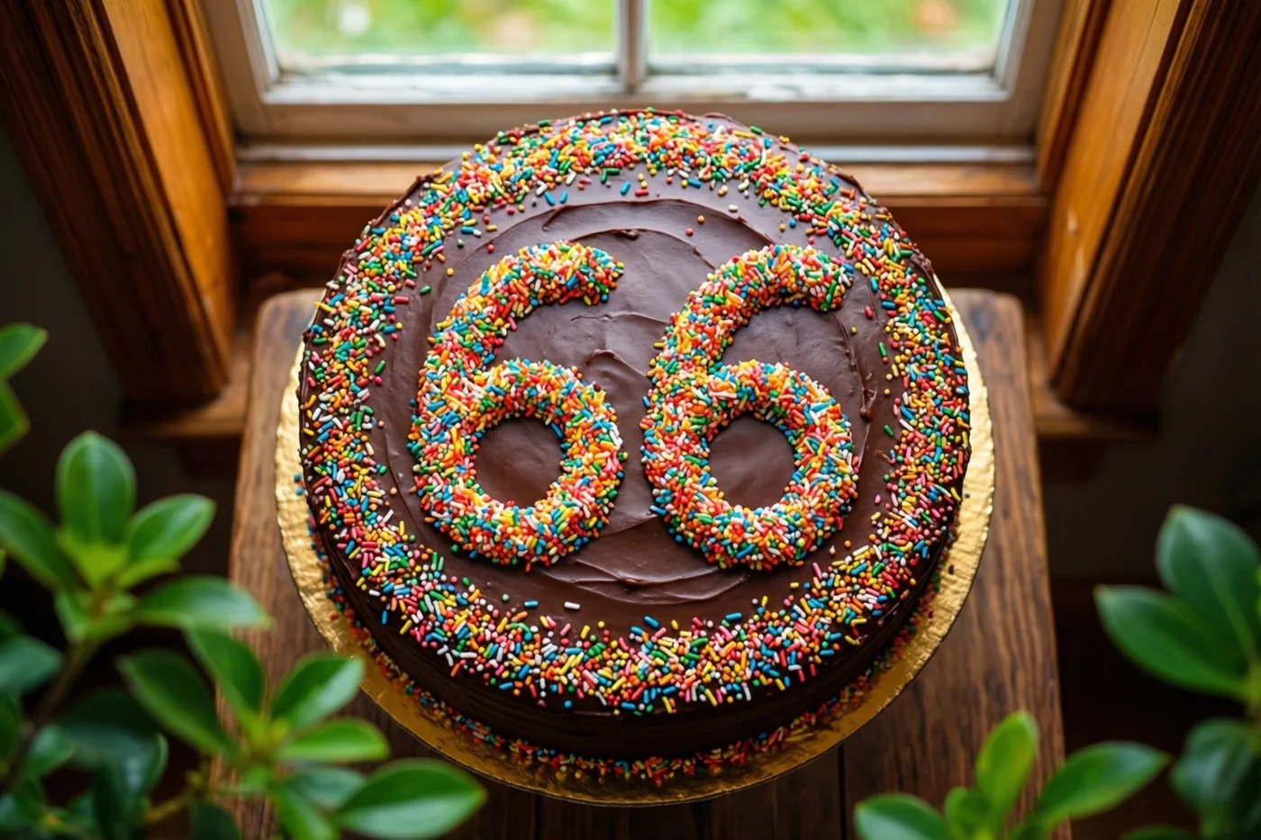 Een ronde chocoladetaart met het getal 66 in gekleurde suikerstrooisels staat op een houten tafel bij een raam, omlijst door groene planten.
