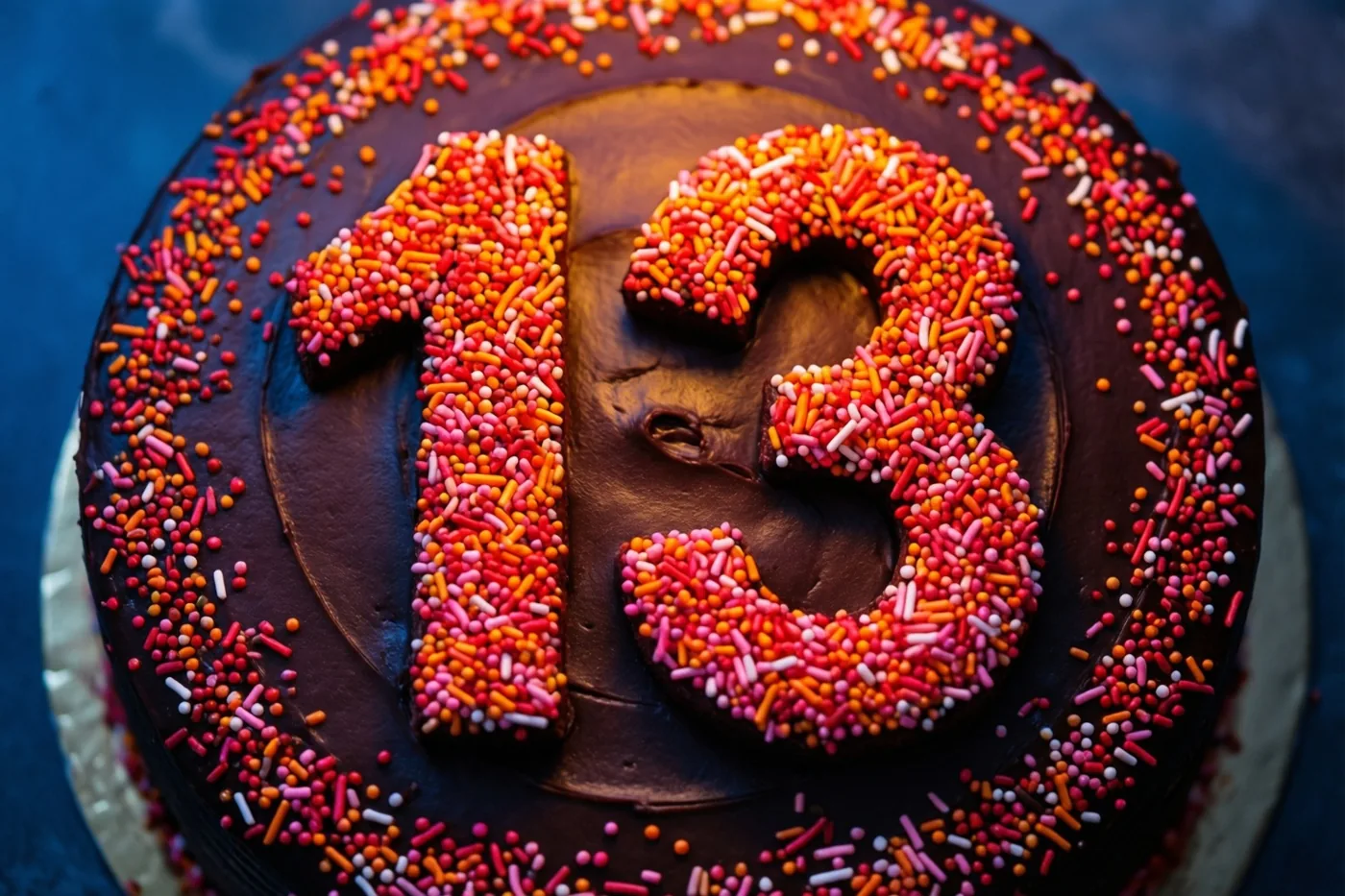 Een ronde chocoladetaart met 13 van gekleurde suikerstrooisels en een rand van rode, oranje en roze suikerstrooisels is van bovenaf te zien.