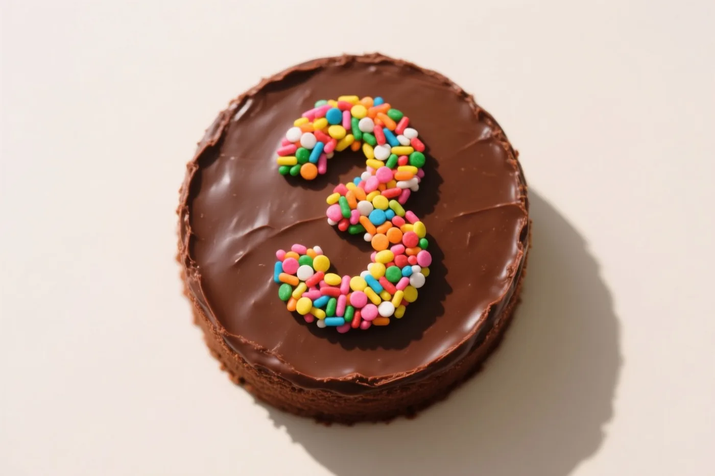 Een ronde chocoladetaart met het cijfer 3 van gekleurde suikerstrooisels is van bovenaf gefotografeerd tegen een effen gebroken witte achtergrond.