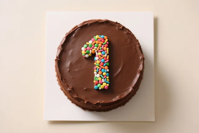 Een ronde chocoladetaart met het cijfer 1 van gekleurde suikerstrooisels staat op een wit vierkant bord tegen een lichtbeige achtergrond, van bovenaf gezien.