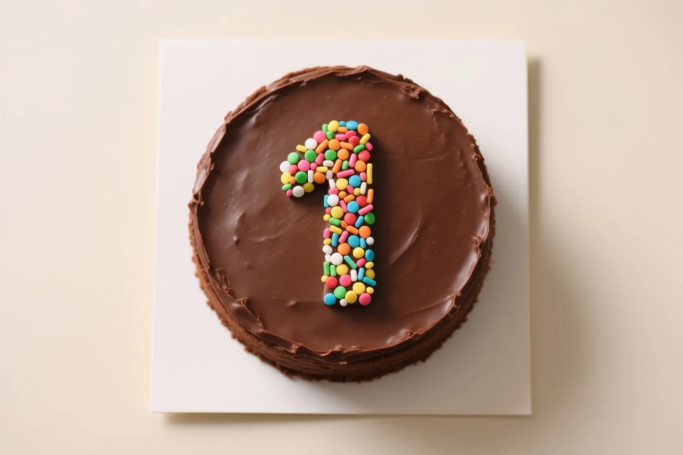 Een ronde chocoladetaart met het cijfer 1 van gekleurde suikerstrooisels staat op een wit vierkant bord tegen een lichtbeige achtergrond, van bovenaf gezien.