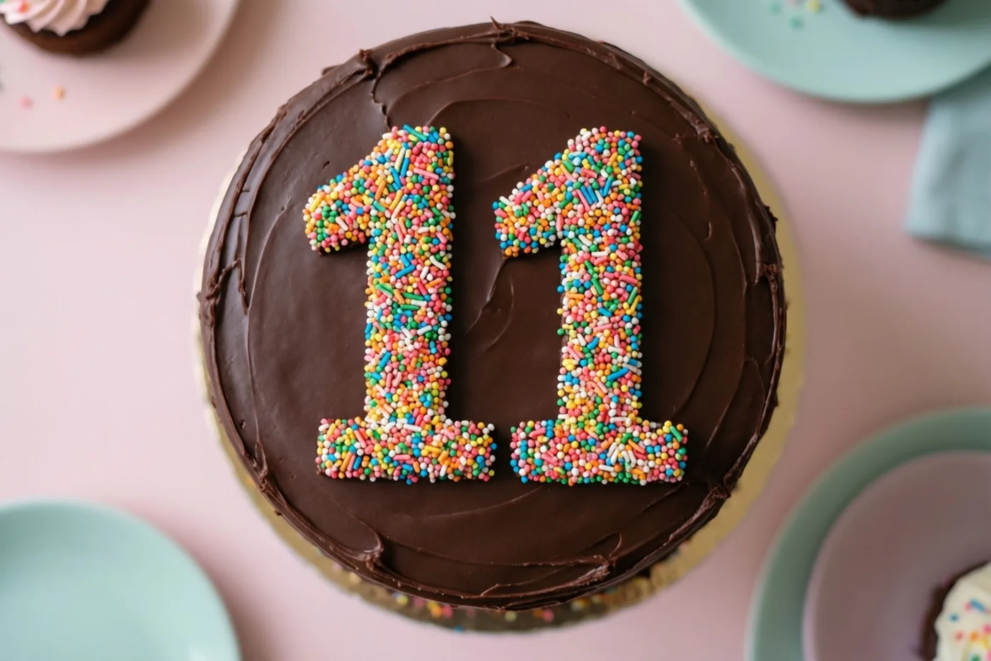 Van bovenaf is een ronde chocoladetaart te zien met 11 van gekleurde suikerstrooisels, op een roze ondergrond met pastelkleurige bordjes eromheen.