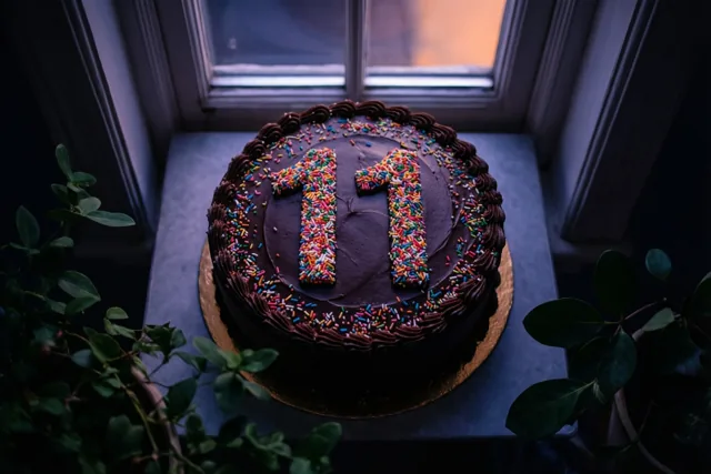 Een ronde chocoladetaart met chocoladeglazuur en gekleurde suikerstrooisels die 11 vormen staat op een vensterbank tussen groene planten in warm licht.