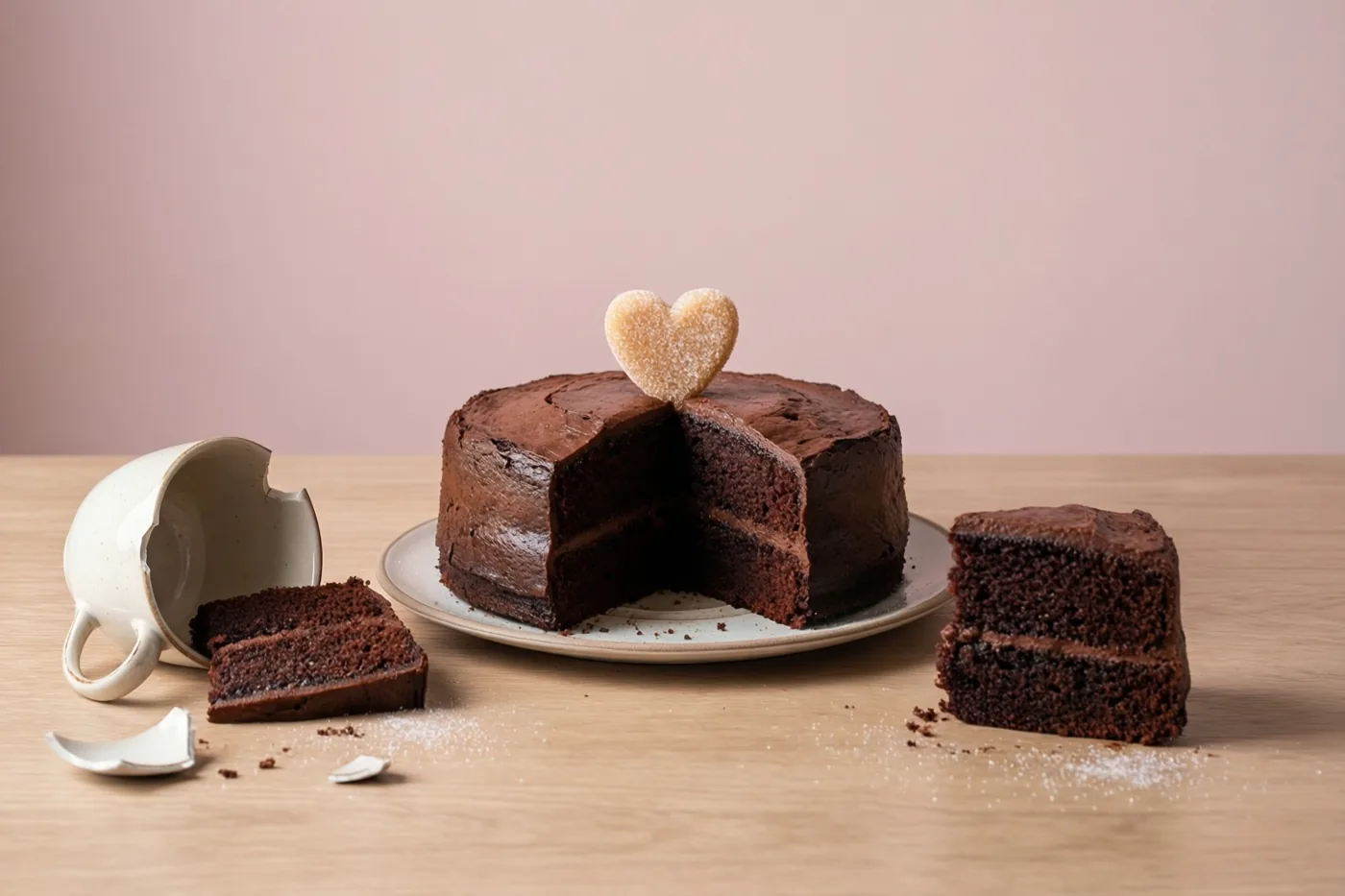 Op een houten tafel staat een chocoladetaart met een suikerhart naast een gebroken wit kopje en verspreide taartkruimels, tegen een zachtroze achtergrond.