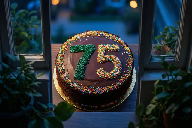 Een ronde chocoladetaart met 75 in gekleurde suikerstrooisels staat tussen potplanten op een vensterbank in zacht blauw avondlicht.