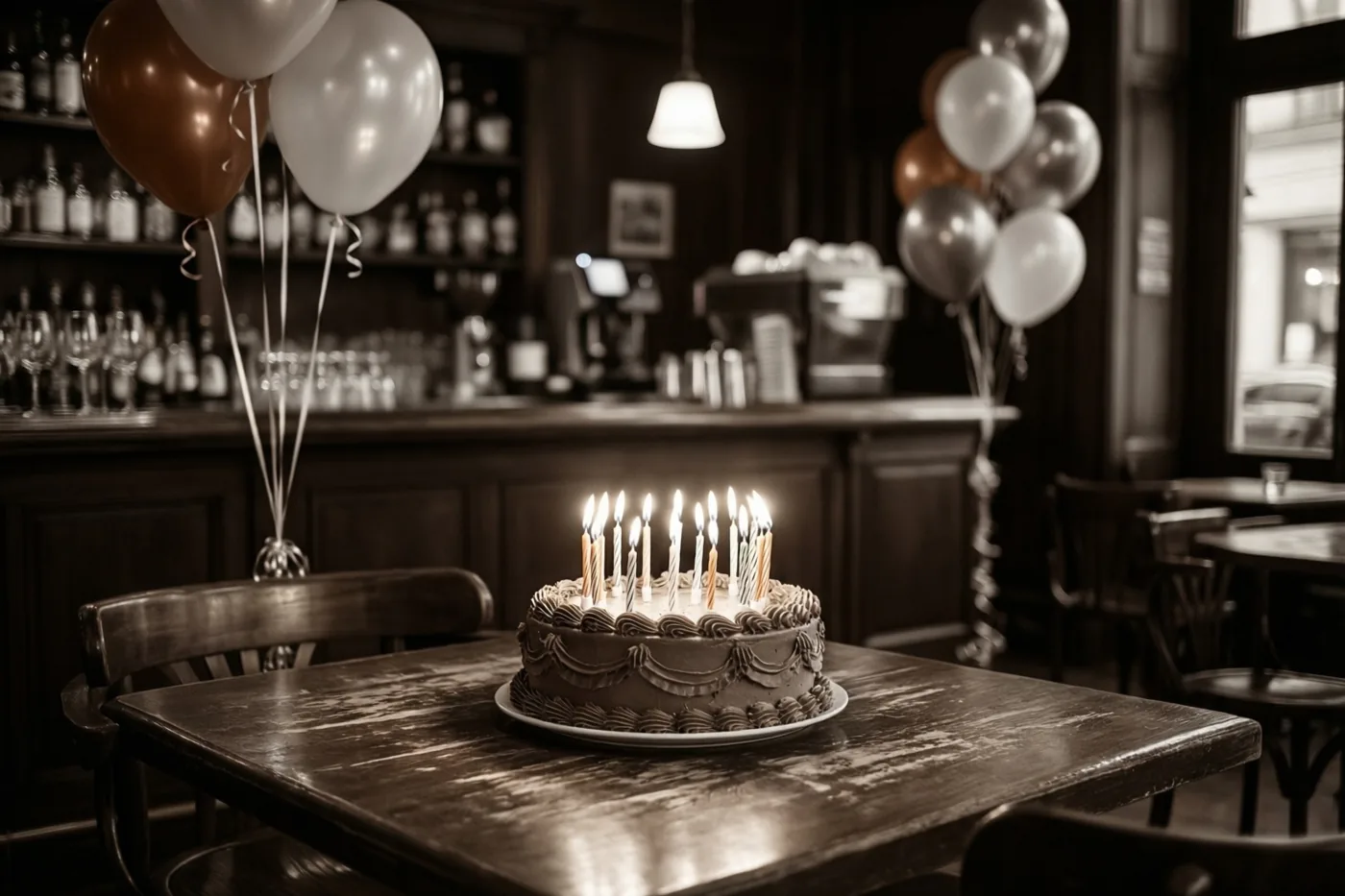 Een chocoladetaart met brandende kaarsjes staat op een houten tafel in een bruin café, met bruine, witte en zilveren ballonnen aan de toog en een standaard.