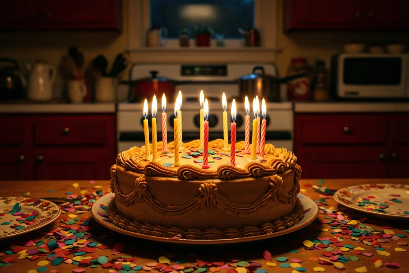 Een chocoladetaart met brandende kaarsjes staat tussen kleurrijke confetti op een houten tafel in een warm verlichte keuken met rode kasten.