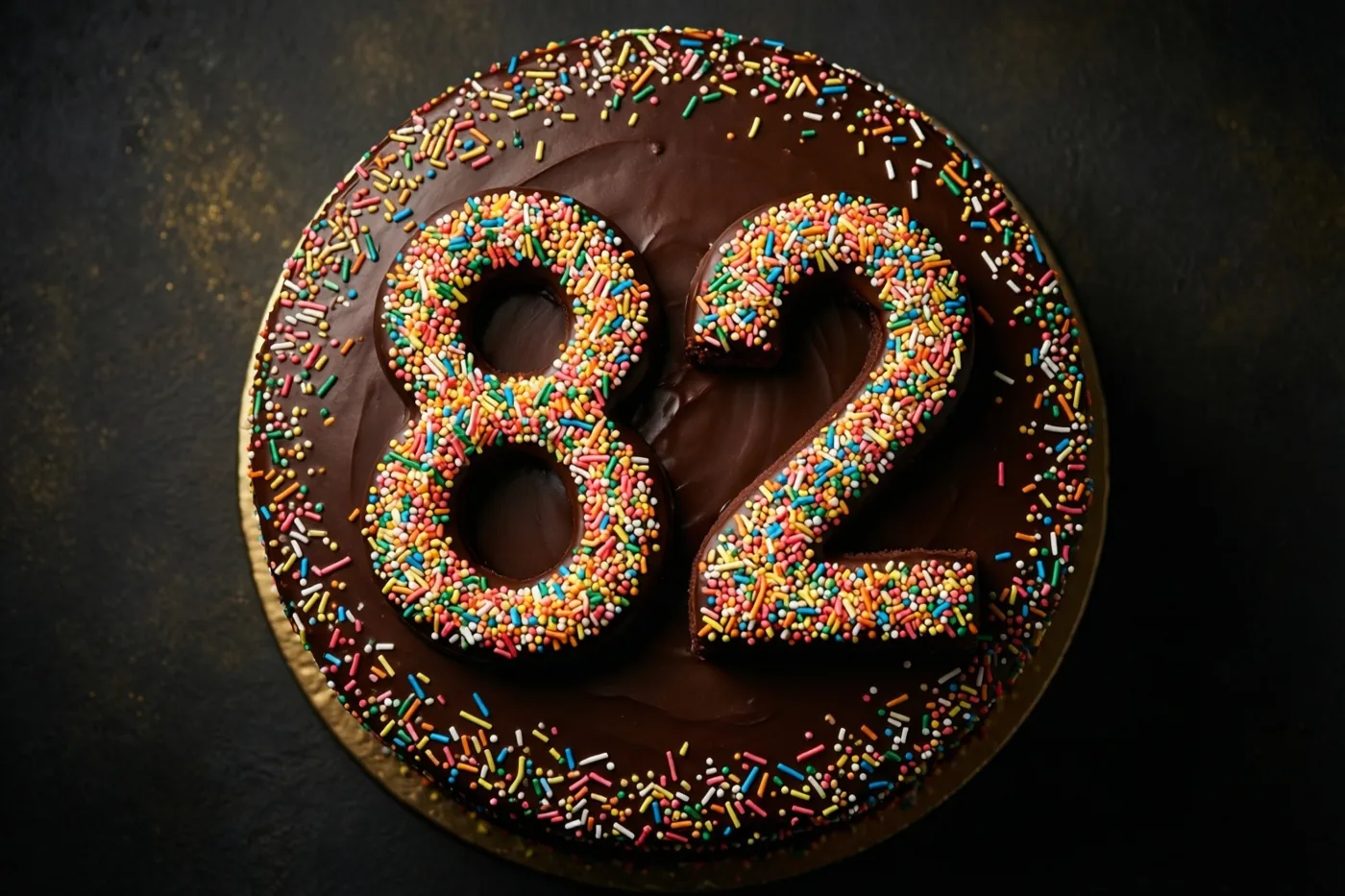 Een ronde chocoladetaart met 82 van gekleurde suikerstrooisels is van bovenaf te zien tegen een donkere achtergrond met textuur, in warm licht.