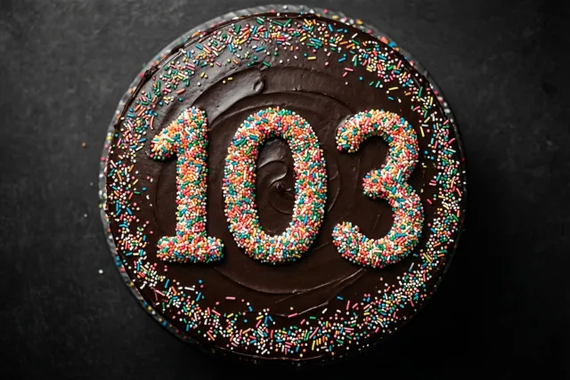 Een ronde chocoladetaart is van bovenaf gefotografeerd tegen een donkere achtergrond, met 103 in gekleurde suikerstrooisels, een krul chocoladeglazuur en losse strooisels.