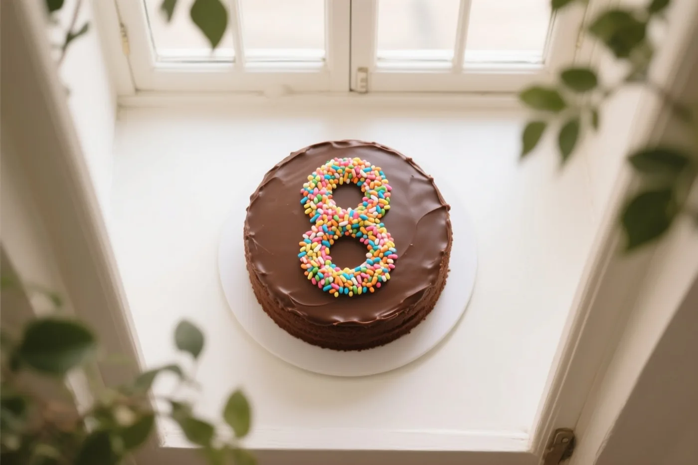 Een ronde chocoladetaart met een 8 van gekleurde suikerstrooisels staat op een witte vensterbank tussen groene bladeren, met daglicht vanuit het raam erachter.