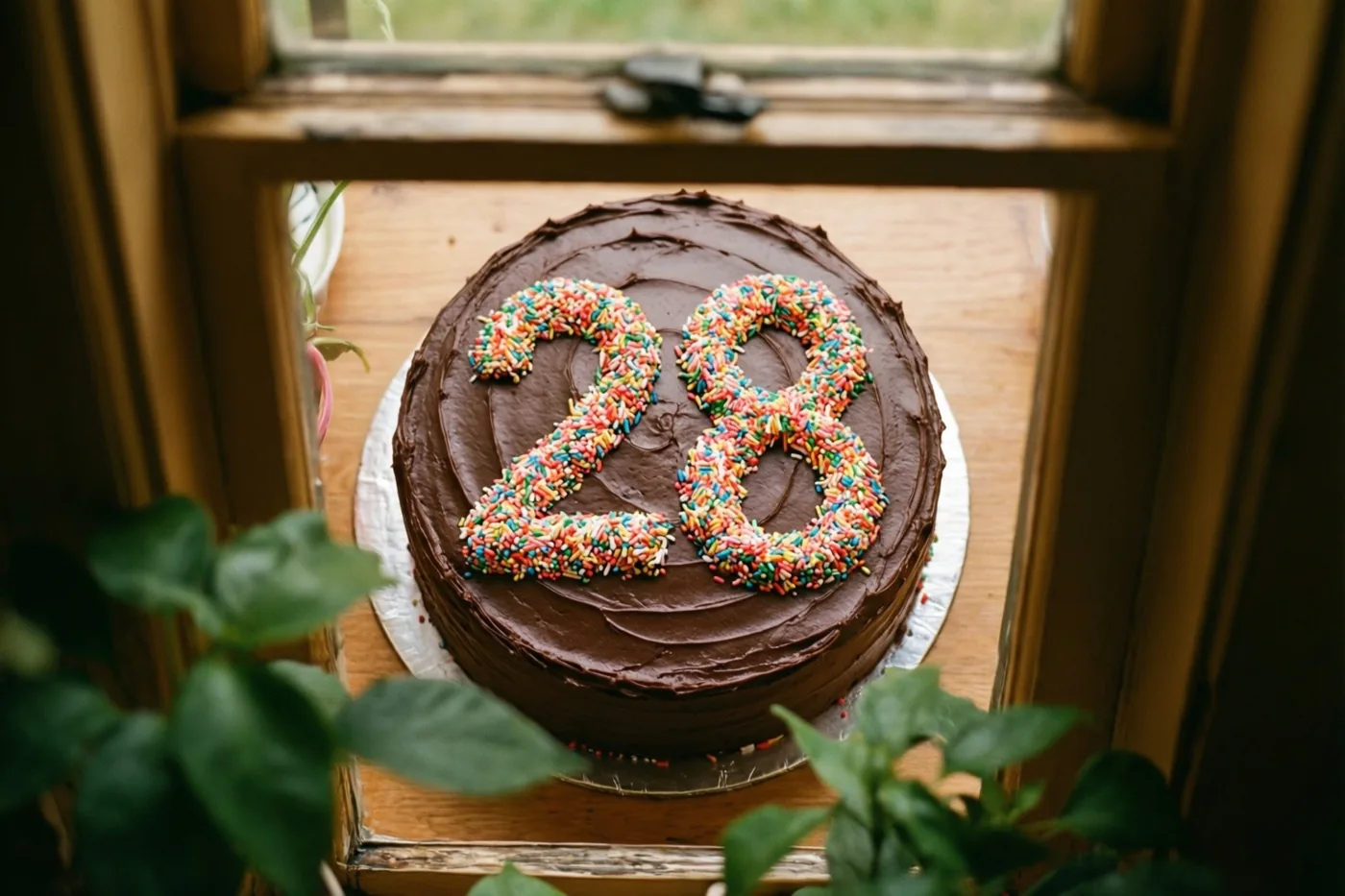 Een ronde chocoladetaart met chocoladeglazuur en 28 van gekleurde suikerstrooisels staat op een houten vensterbank, omlijst door een houten raam en groene bladeren op de voorgrond.
