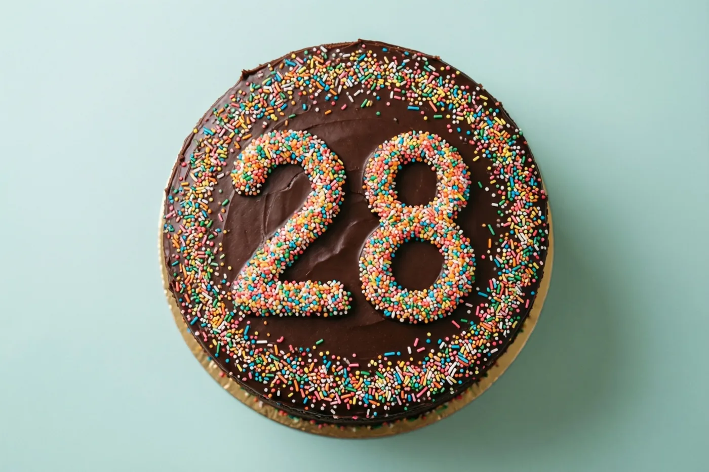 Een ronde chocoladetaart met glad chocoladeglazuur heeft 28 van gekleurde suikerstrooisels bovenop en een rijkelijk bestrooide rand, van bovenaf gezien tegen een lichtblauwe achtergrond.