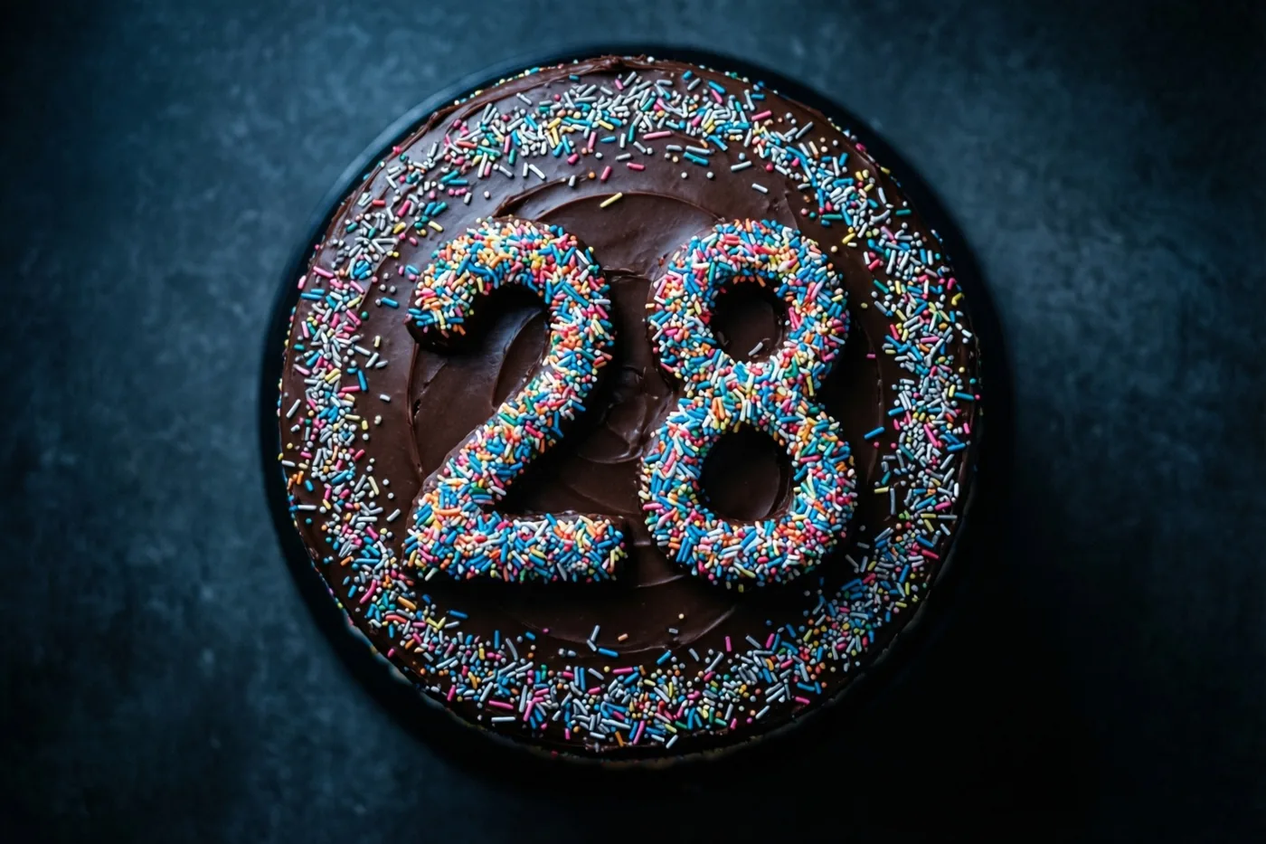 Een ronde chocoladetaart met het getal 28 van gekleurde suikerstrooisels ligt op een donkere ondergrond met structuur, van bovenaf gezien.