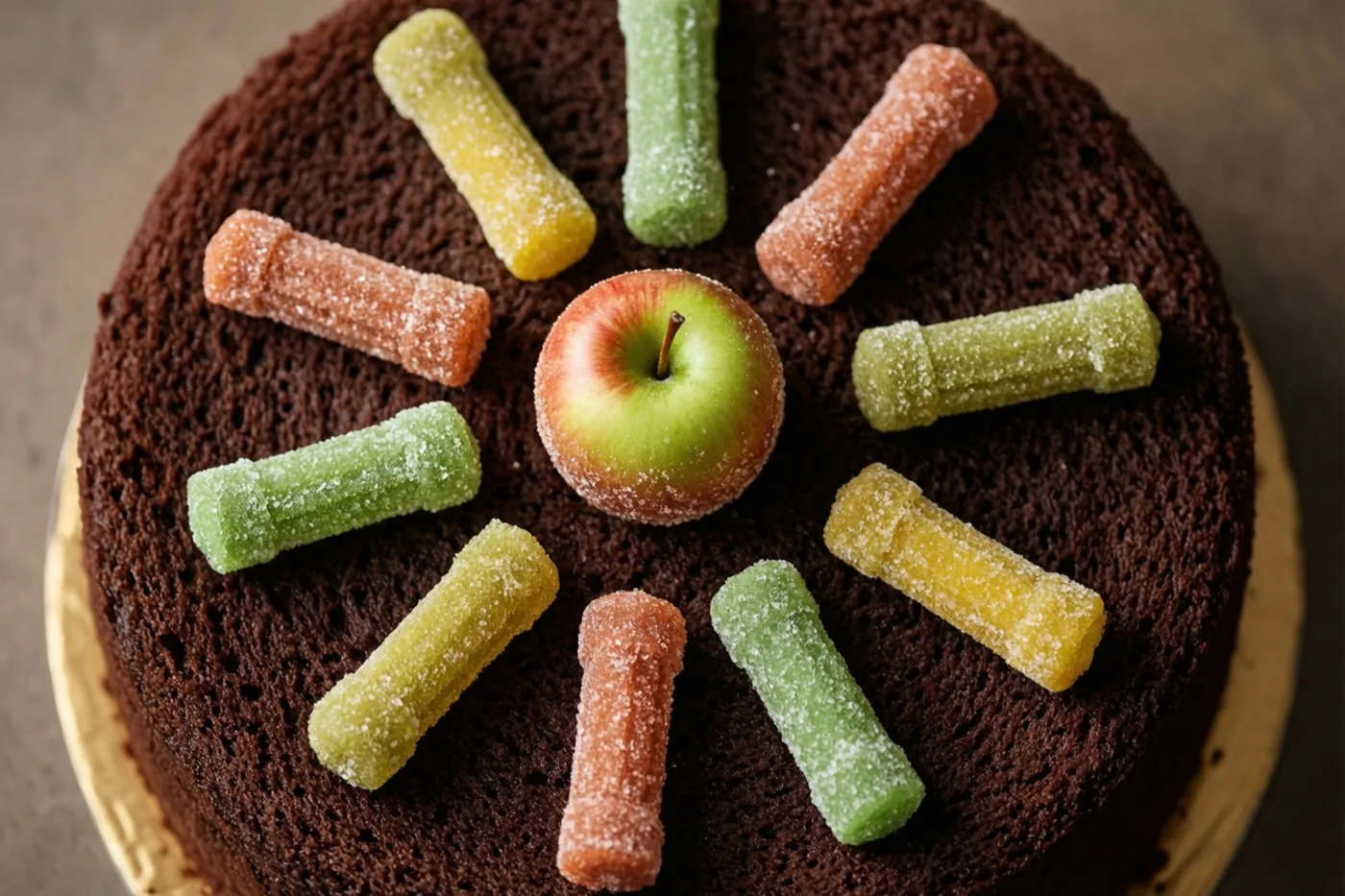 Een chocoladetaart met een kleine appel en kleurrijke, gesuikerde snoepstaafjes in een cirkel staat op een effen ondergrond in warm licht.