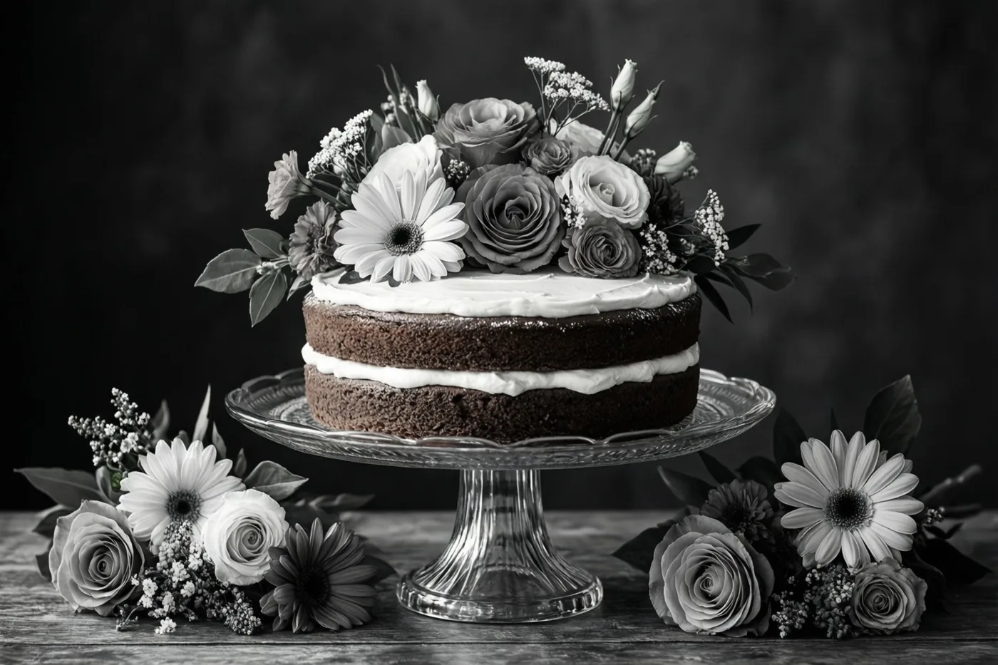 Een zwart-witfoto toont een chocoladetaart met twee lagen en wit glazuur op een glazen taartstandaard, versierd met rozen en margrieten en omringd door bloemen op hout.