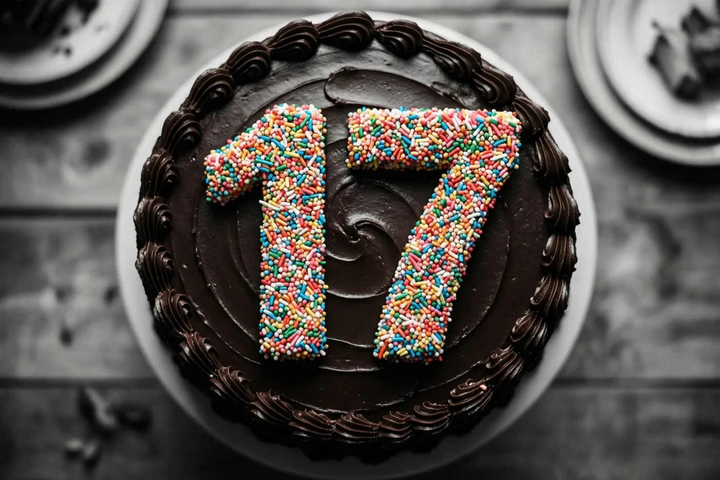 Van bovenaf is een ronde chocoladetaart met chocoladeglazuur en 17 van gekleurde suikerstrooisels te zien op een wit bord op hout, met borden en taartrestjes achteraan.