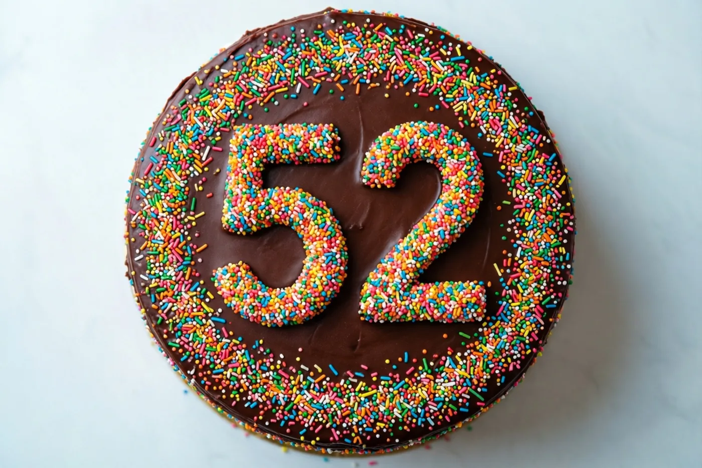 Van bovenaf is een ronde chocoladetaart te zien met het getal 52 van gekleurde suikerstrooisels op een licht oppervlak.