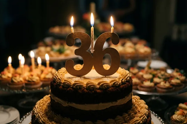 Een chocoladetaart met meerdere verdiepingen, gespoten versiering, een papieren getal 36 en drie brandende kaarsen staat op een buffettafel met desserts op de achtergrond.