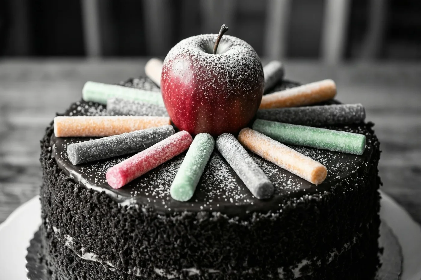 Een chocoladetaart met een rood suikerappeltje en kleurrijke waskrijtjes van suiker is bestoven met poedersuiker en staat op een wit bord tegen een wazige achtergrond.