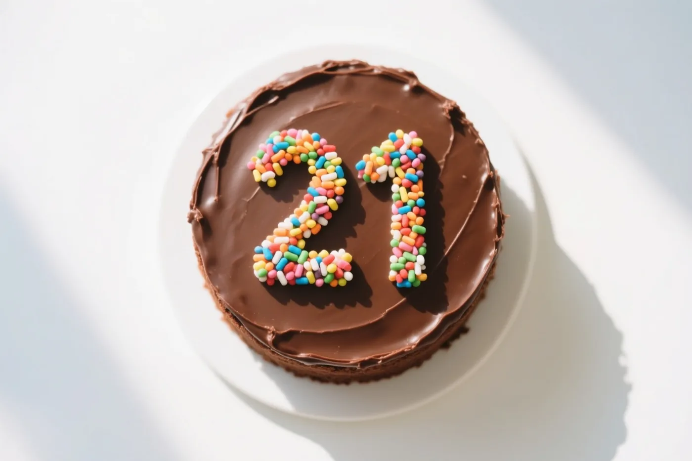 Een ronde chocoladetaart met het getal 21 van gekleurde suikerstrooisels is van bovenaf gefotografeerd tegen een helderwitte achtergrond.