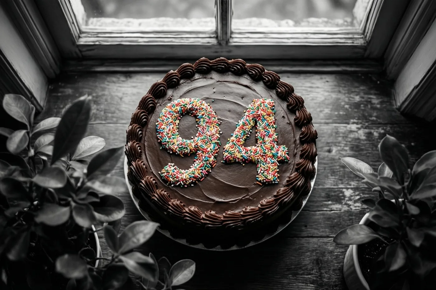 Een ronde chocoladetaart met glazuur en 94 van kleurrijke strooisels staat op donker hout, omlijst door een raam en potplanten in een verder zwart-witbeeld.