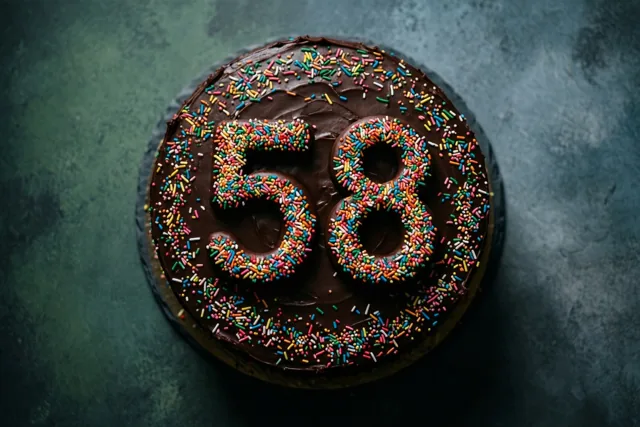 Van bovenaf is een ronde chocoladetaart te zien met 58 in gekleurde suikerstrooisels tegen een donkere achtergrond met structuur.