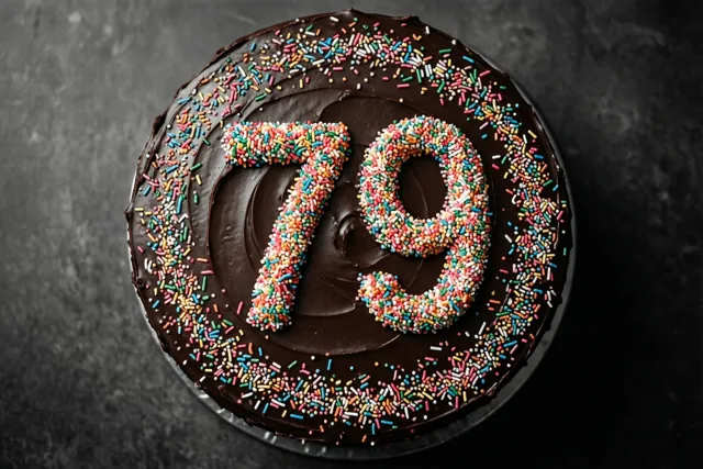 Van bovenaf is een ronde chocoladetaart te zien met het getal 79 van gekleurde suikerstrooisels, tegen een donkere achtergrond met structuur.