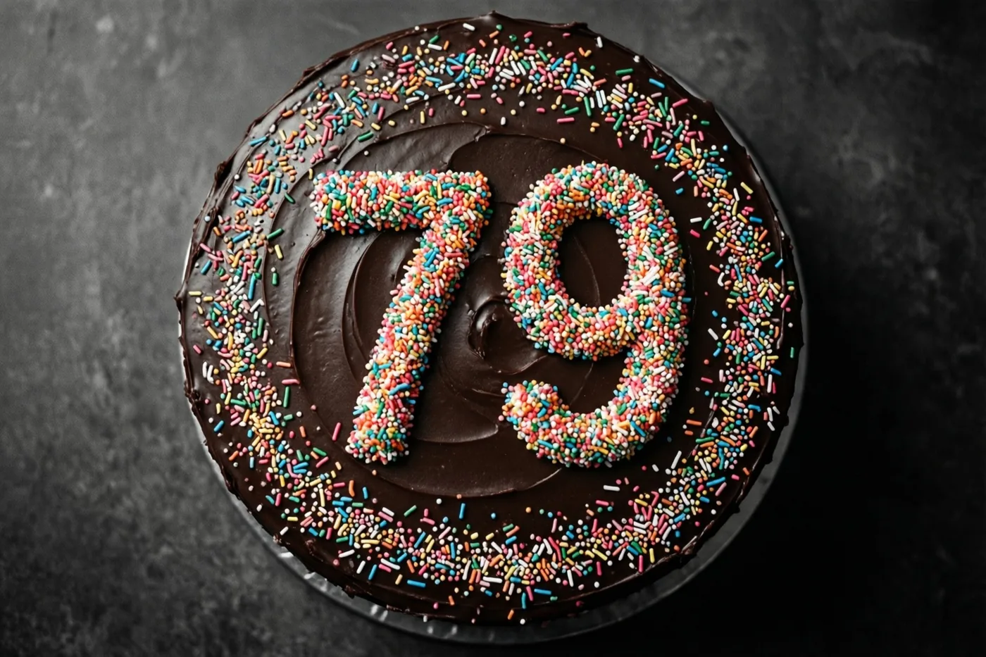 Van bovenaf is een ronde chocoladetaart te zien met het getal 79 van gekleurde suikerstrooisels, tegen een donkere achtergrond met structuur.