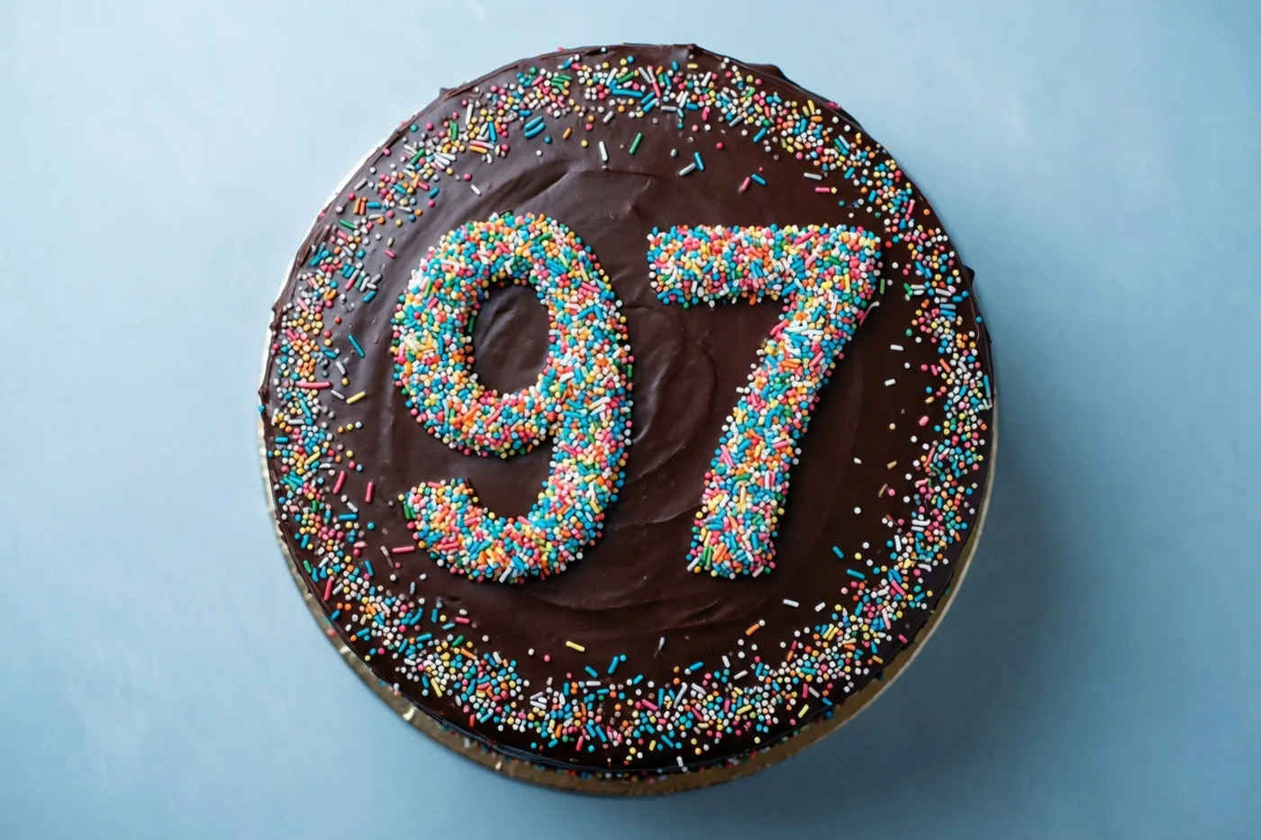 Een ronde taart met chocoladeglazuur, verspreide suikerstrooisels en het getal 97 van gekleurde strooisels is van bovenaf gefotografeerd tegen een blauwe achtergrond.