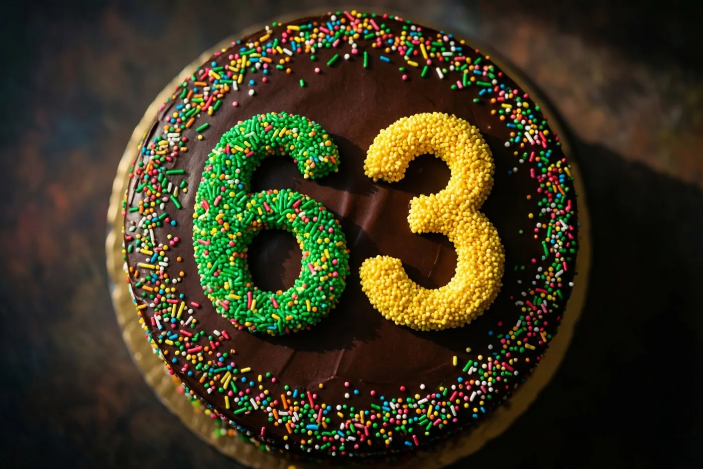 Een ronde chocoladetaart met 63 van gekleurde suikerstrooisels staat op een gouden kartonnen bodem tegen een donkere achtergrond met structuur, van boven gezien.