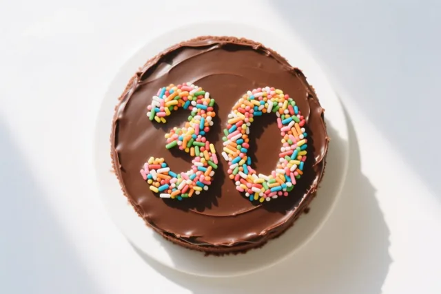Van bovenaf is een ronde chocoladetaart met 30 van gekleurde suikerstrooisels te zien tegen een helderwitte achtergrond.