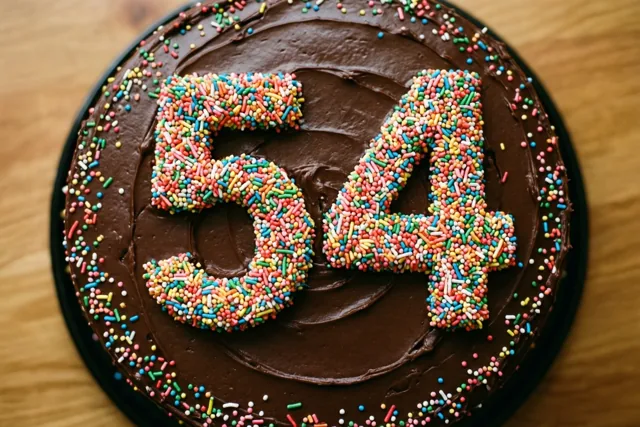Een ronde chocoladetaart ligt op een houten oppervlak, van bovenaf gefotografeerd, met 54 en een versierde rand van kleurrijke suikerstrooisels.
