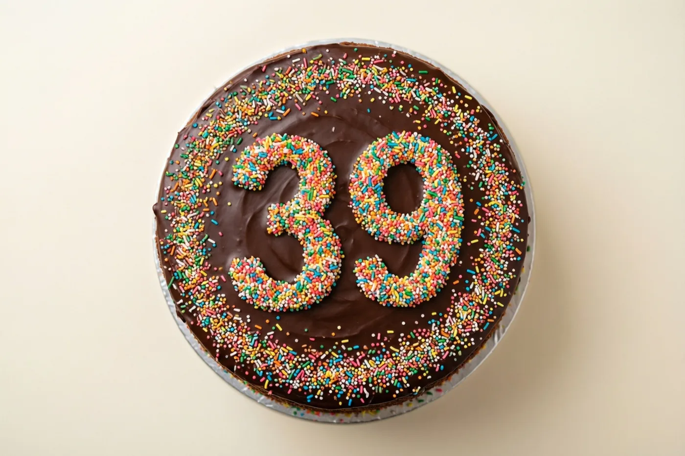 Een ronde chocoladetaart met 39 van kleurrijk suikerstrooisel staat op een zilveren taartonderlegger tegen een beige achtergrond, van boven gezien.