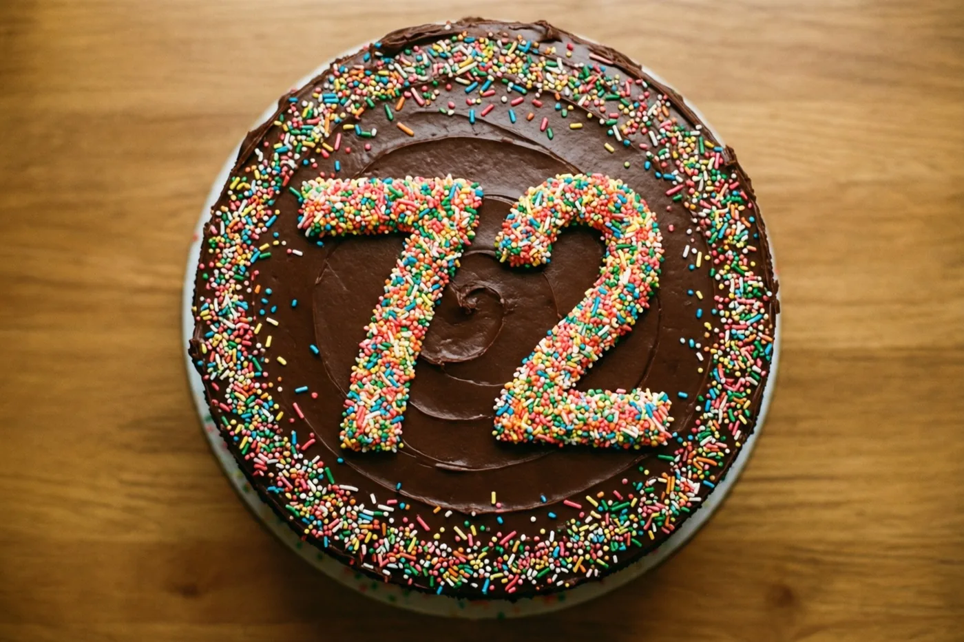 Een ronde chocoladetaart met chocoladeglazuur en kleurrijke suikerstrooisels die 72 vormen staat op een houten ondergrond, van bovenaf gezien.