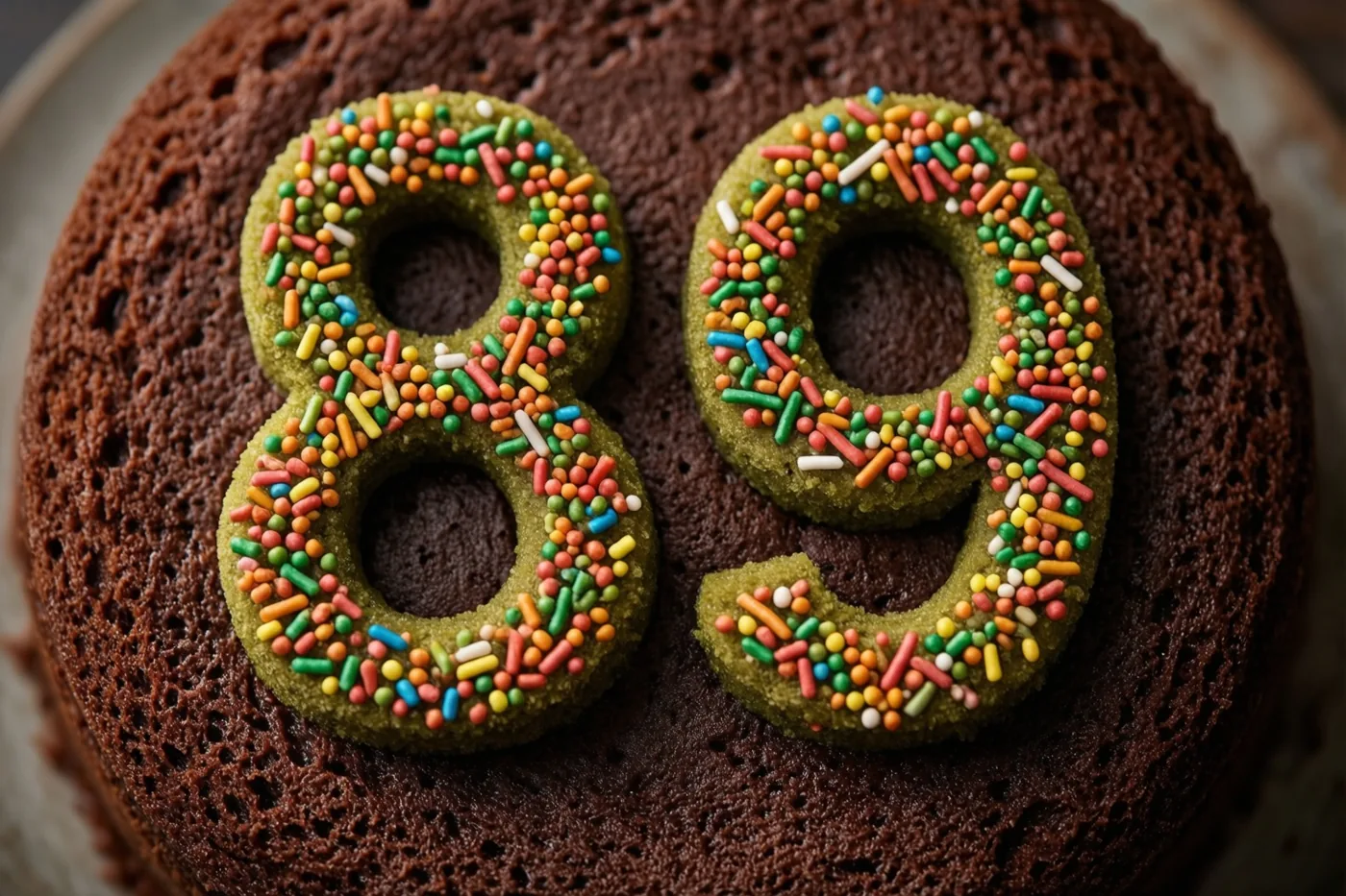 Een ronde bruine chocoladetaart met een onregelmatig oppervlak draagt het getal 89 in gekleurde suikerstrooisels, van bovenaf gezien.