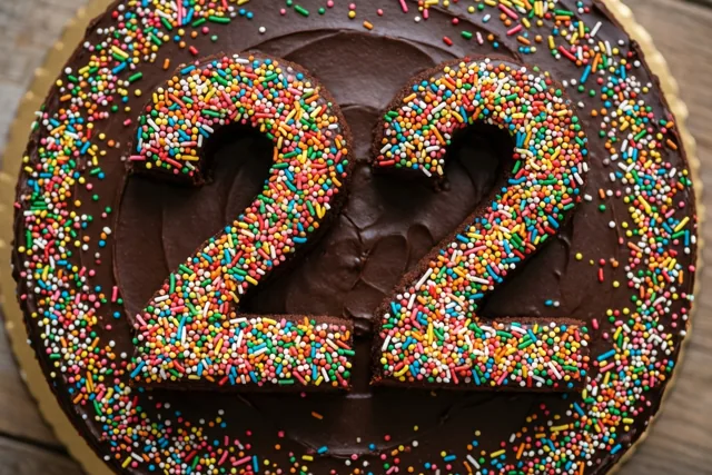 Een ronde chocoladetaart met chocoladeglazuur en kleurrijke suikerstrooisels die 22 vormen staat op een houten ondergrond, van bovenaf gezien.