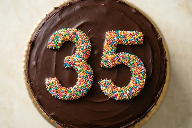 Een ronde chocoladetaart met het getal 35 van gekleurde suikerstrooisels is van bovenaf gefotografeerd op een lichte ondergrond.