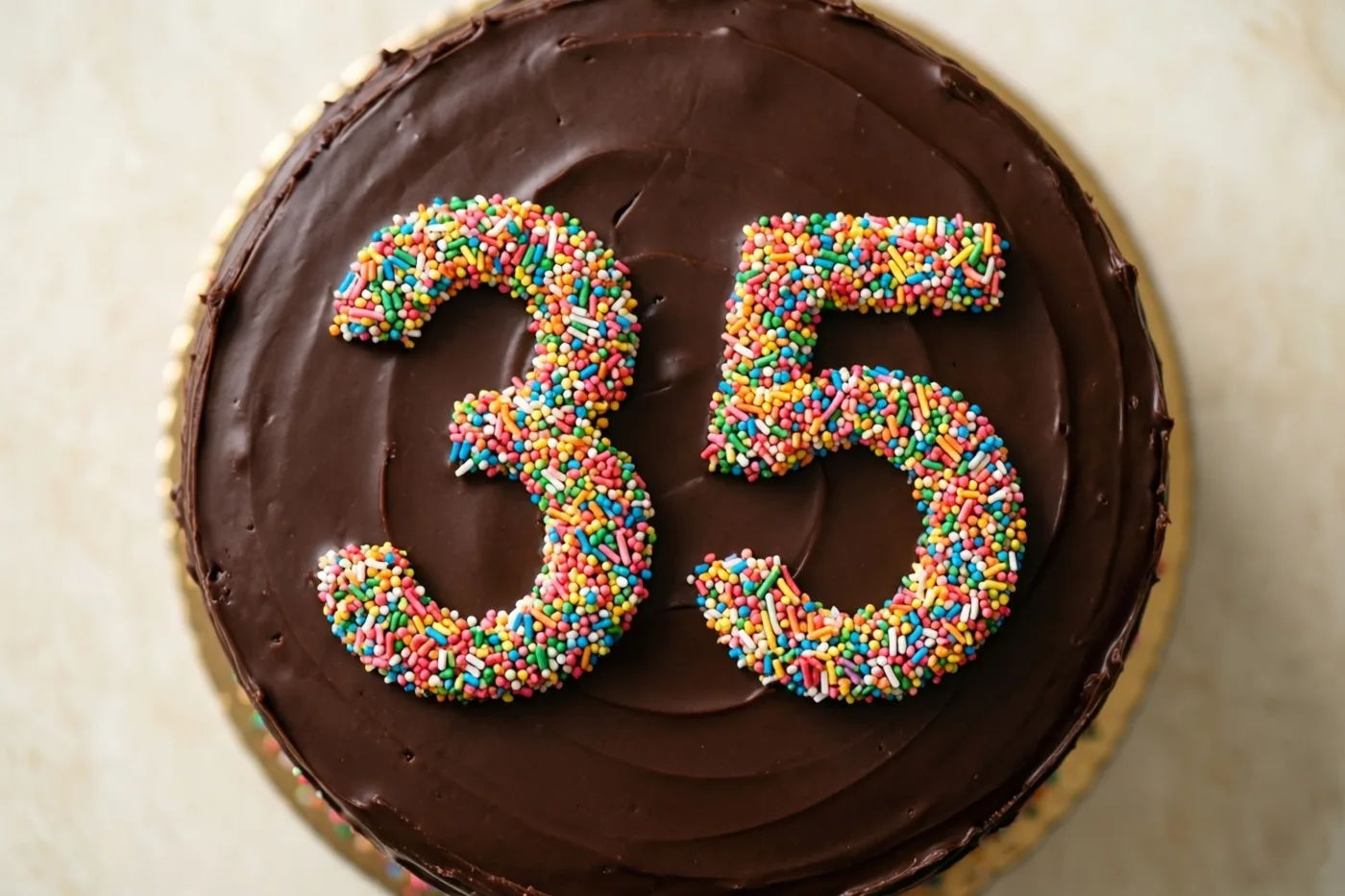Een ronde chocoladetaart met het getal 35 van gekleurde suikerstrooisels is van bovenaf gefotografeerd op een lichte ondergrond.