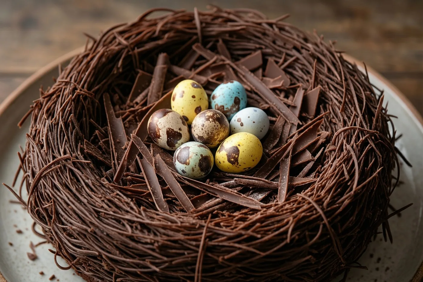 Een nestvormige chocoladetaart met chocoladeschilfers en kleine kleurrijke gespikkelde suikereitjes staat op een keramieken bord op een houten oppervlak.